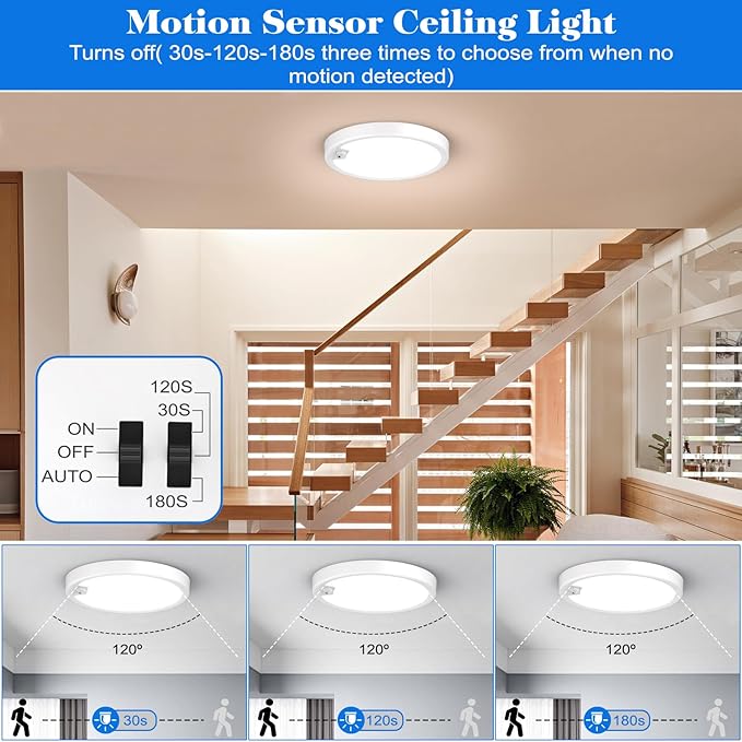 Pack Of 3 Motion Sensor Lights | Motion Sensor Ceiling Light Wired, LED Flush Mount Ceiling Light Fixture 18W/1600LM, Motion Sensor Light Indoor for Stair Closet Porch Hallway Laundry, Time Dimmable Ceiling Lights